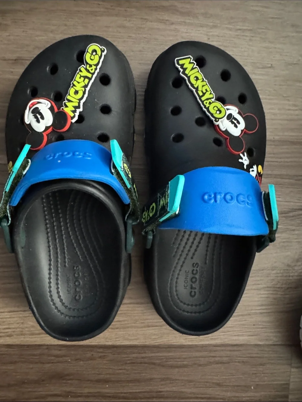 CROCS Adult Sized Black Clogs with Blue Strap and Mickey Mouse